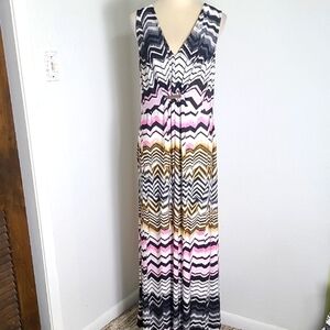 NY Collection Multi-Color Sleeveless Maxi-Dress, Silver Hardware Accent Sz Large